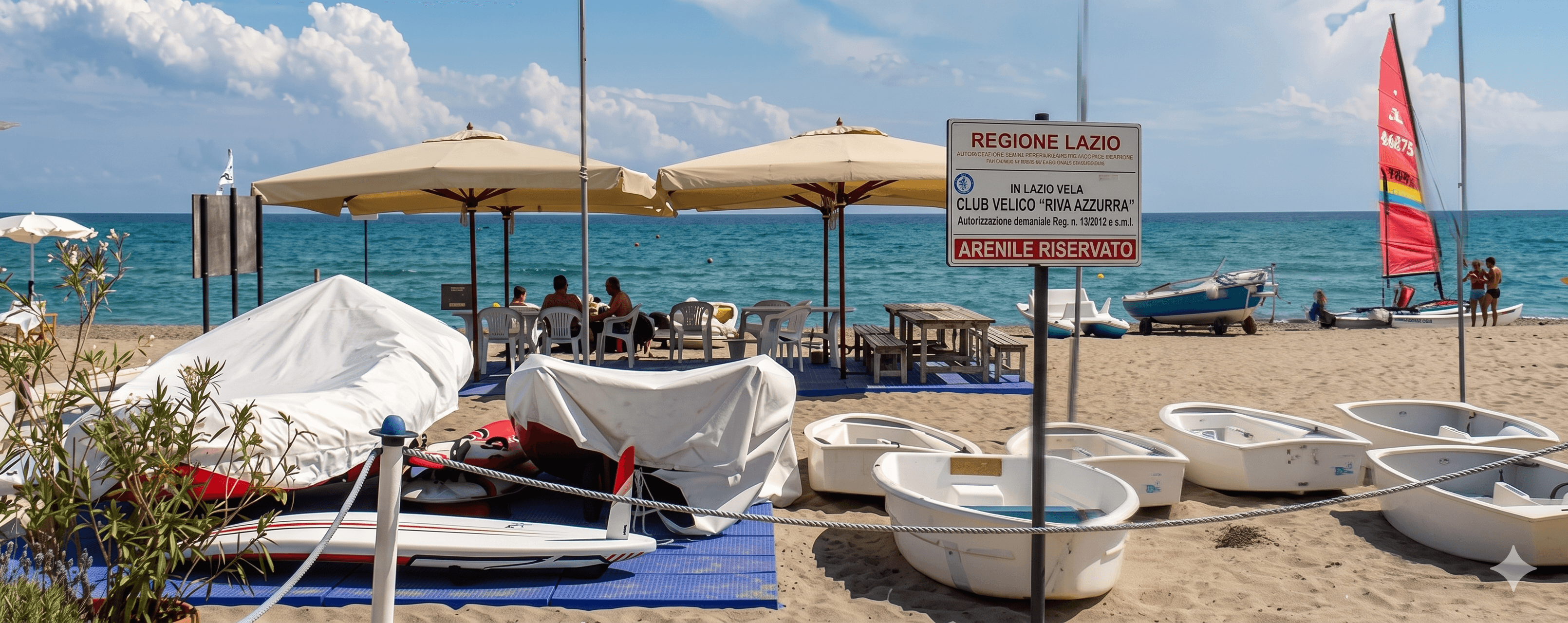 Vista dal mare del Lazio Vela Club Velico Riva Azzurra a Terracina - Sede della Scuola Vela Federale FIV e centro sportivo per regate e corsi di vela a Latina
